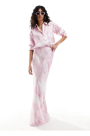 Style Cheat Satin maxi skirt in pink smudge print co-ord