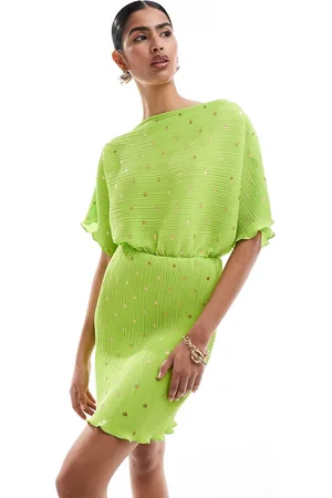 Never Fully Dressed Tilly gold fleck plisse mini dress in lime