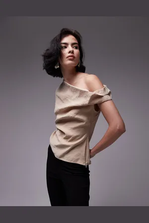 Topshop Faux soft touch asymmetric top in sand