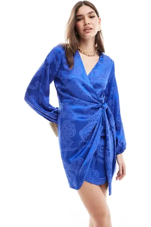 Never Fully Dressed Vienna satin jacquard wrap mini dress in cobalt