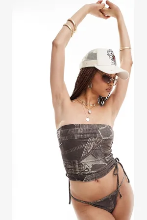 COLLUSION Co-ord denim printed bandeau swim top tankini in