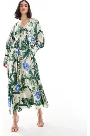 & OTHER STORIES & maxi dress with tie front v-neckline and long sleeves in floral leaf print