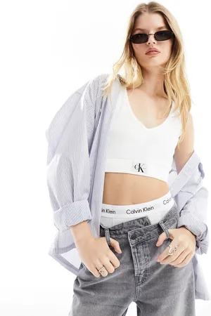 Calvin Klein Woven label rib crop v-neck top in