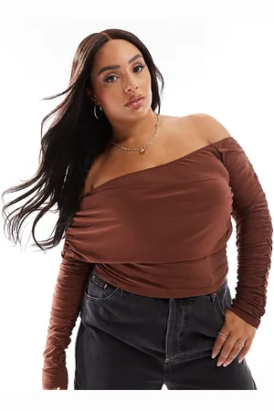 ASOS ASOS DESIGN Curve slinky asymmetric neck ruched sleeve top in chocolate