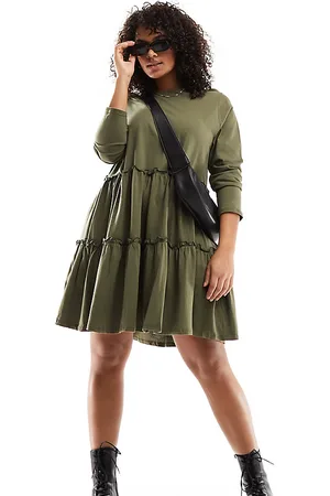 River Island Long sleeved tiered smock dress in khaki