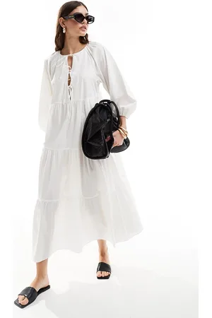 & OTHER STORIES & midaxi smock dress with bow bodice detail and volume sleeves in