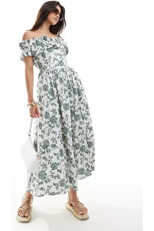 Abercrombie & Fitch Off the shoulder ruffle midi dress in with green floral print