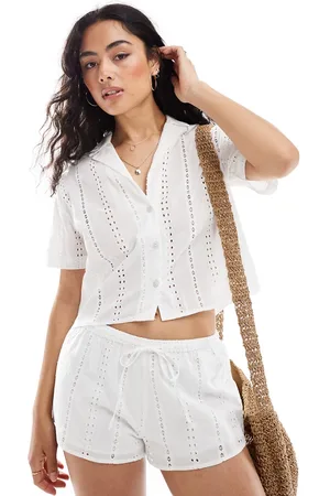 Pull&Bear Broderie short sleeved cropped shirt co-ord in