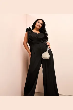 ASOS Curve satin corsage plunge neck wide leg jumpsuit in