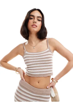 Style Cheat Crochet cami top in oatmeal stripe co-ord