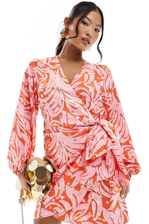 Never Fully Dressed Petite metallic wrap mini dress in and orange