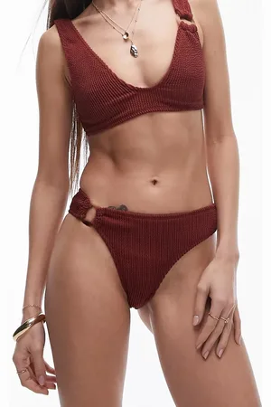 Topshop Mix and match high waist high leg bikini bottoms with rings in wine