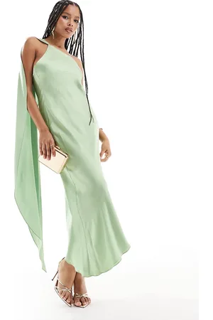 MANGO One shoulder drape satin midi dress in light