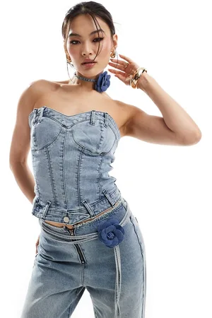 Simmi London Simmi denim structured sweetheart neck corset top with corsage choker co-ord in light wash