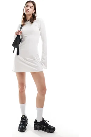 Weekday Serena boat neck long sleeve mini dress with trumpet sleeves in off