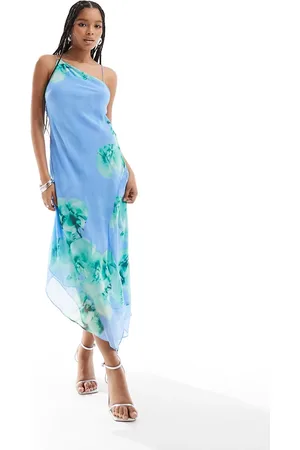 MANGO Aysmmetric hem floral midi dress in light