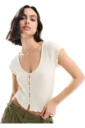Miss Selfridge Short sleeve textured button through top in ivory