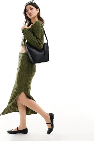 ASOS Knitted midi skirt in open stitch co-ord in khaki