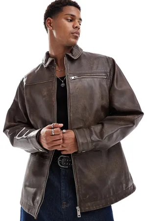 ASOS Real leather oversized distressed harrington jacket in