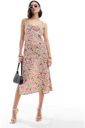 VILA Satin cross back cami midi dress in floral print