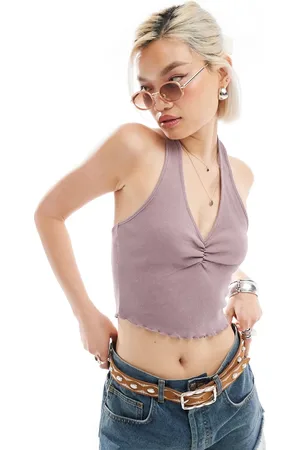 Reclaimed Rib ruched halter neck top in