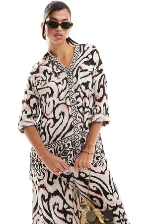 River Island Co-ord beach shirt in cream print