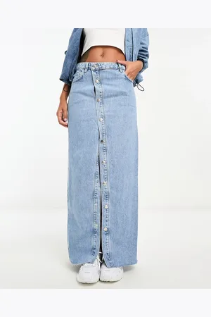 MANGO Asymmetric button up detail midi denim skirt in light
