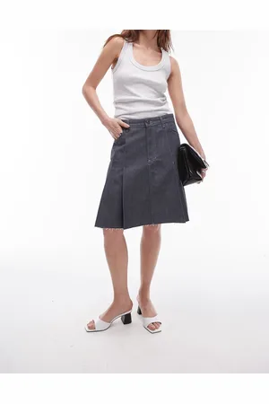 Topshop Denim knee length pleated skirt in raw