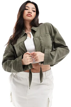 ASOS Curve cropped shirt with utility pockets in washed khaki