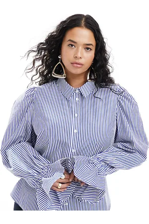 ASOS ASOS DESIGN Curve volume sleeved soft shirt with ruffle cuff in blue stripe