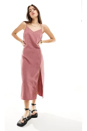 VILA Linen touch cami midi dress with slit front in dusky