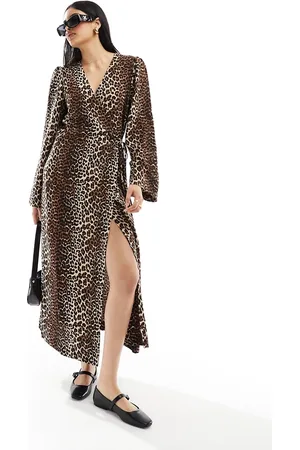Pieces® Wide sleeve wrap midi dress in leopard print