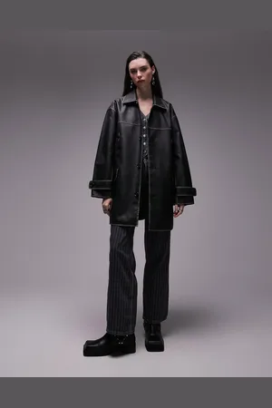 Topshop Faux leather mid length coat in washed