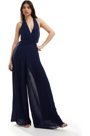 TFNC Bridesmaid chiffon halter neck pleated jumpsuit in navy