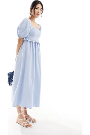 New Look Shirred puff sleeve linen blend midi dress in light