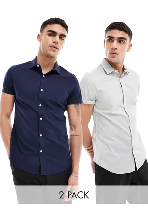 ASOS 2 pack stretch slim fit work shirt in navy/grey