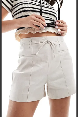 MANGO Linen mix tie waist shorts in beige