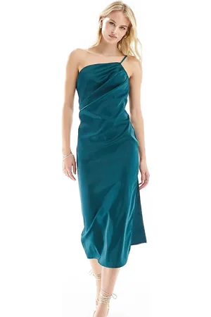 In The Style Satin one shoulder strappy midi dress in emerald