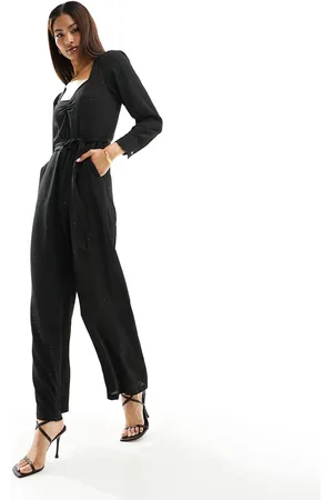 ONLY V neck belted jumpsuit in glitter