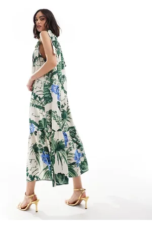 & OTHER STORIES & tiered hem maxi dress with gathered tie neck detail and keyhole back in floral leaf print