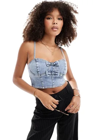 Miss Selfridge Denim bow cami top in bleach wash