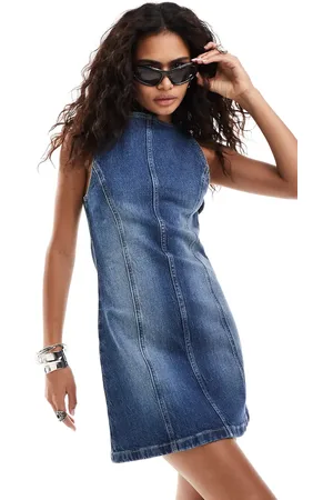 COLLUSION Slash neck denim mini dress in midwash