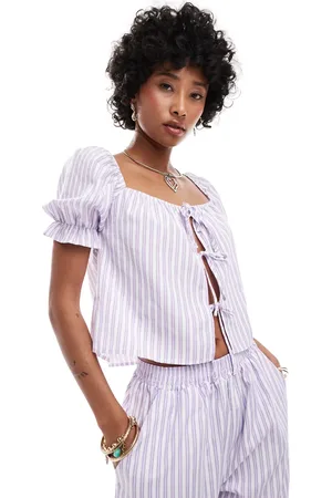 Reclaimed Tie front top with puff sleeve in summer lilac stripe