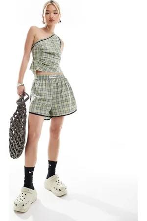 COLLUSION Boxer short co ord in blue and green check with sports binding