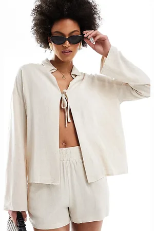 4th & Reckless Linen tie front shirt co-ord in beige