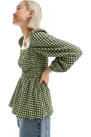 Glamorous Square neck volume sleeve shirred blouse in check