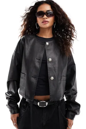 Lioness Leather look collarless bomber jacket in