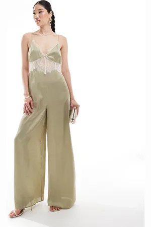 ASOS Lace insert satin cami jumpsuit in khaki