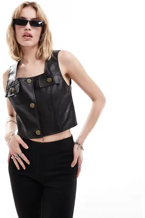 Lioness Leather look square neck button through top in
