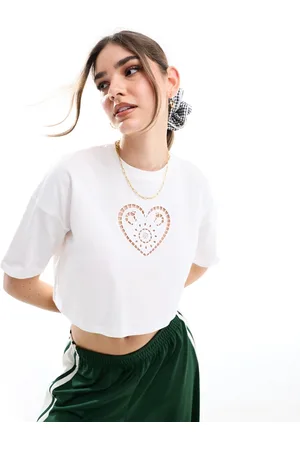 Miss Selfridge Short sleeve cropped t-shirt with heart broderie detail in
